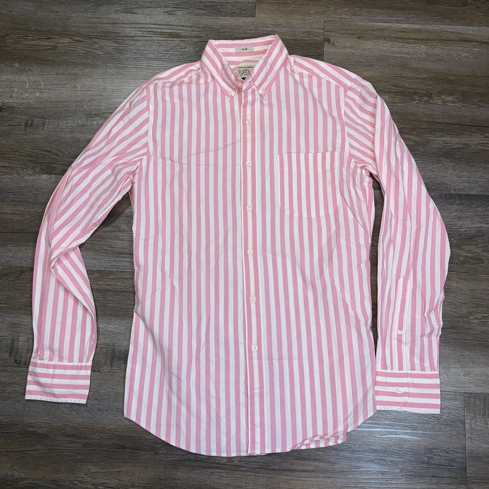 J. Crew Secret Wash Slim-Fit Stretch Shirt Mens Small Pink White Striped Pattern